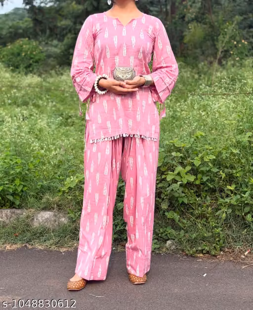 Pink Printed Farshi Suit Set with Mirror Lace